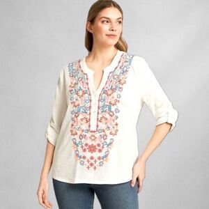 Solitaire Women’s Plus 1X White Boho Embroidered Peasant Tunic 3/4 Sleeves WB